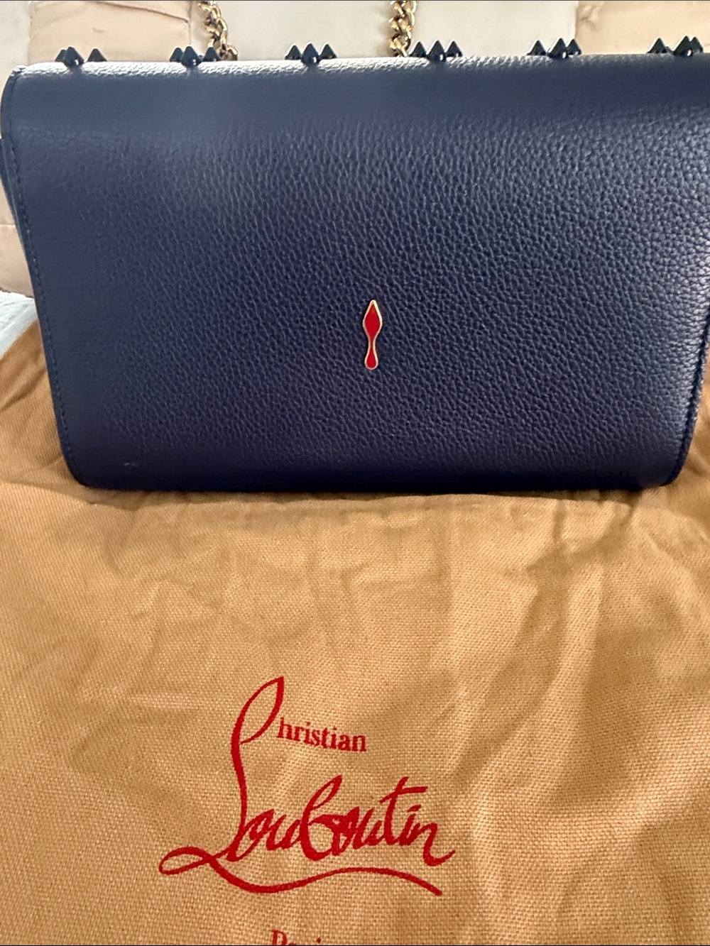 Christian Louboutin Navy Embossed Studded Leather Chain Crossbody Bag - Picture 5 of 7